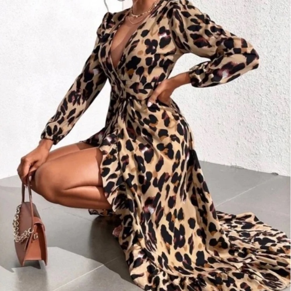 Boho Camel Leopard Print Wrap Ruffle Hem Maxi Dre… - image 1